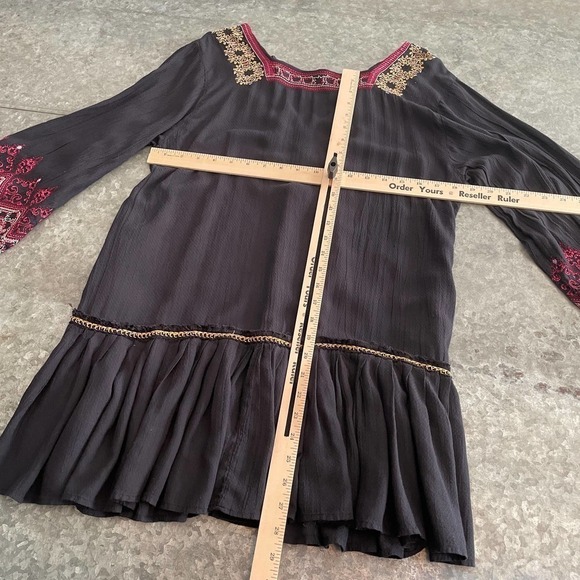 Free People Wild One Black Dress Small Embroidered Drop Waist Peasant Mini L/S - Picture 14 of 16